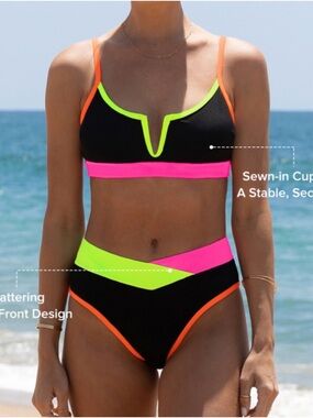 PPOVIL Black Bikini with Neon Pink, Lime & Orange Trim
